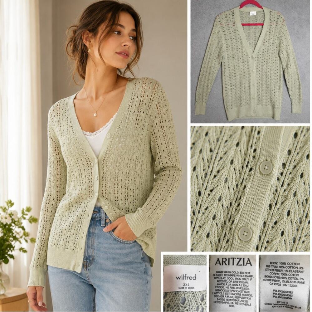 Aritzia Wilfred Cardigan 2XS Sage Green Pointelle Open Knit 100% Cotton Fall